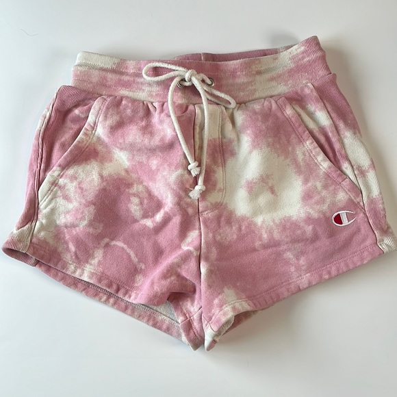 UO Exclusive CHAMPION Reverse Weave Pink Tie Dye Shorts - Picture 4 of 5
